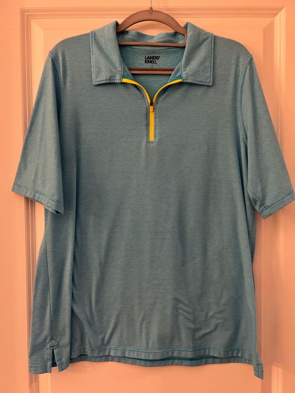 Lands' End Women's Blue Stripes with Yellow Soft Quarter-Zip Elbow-Sleeve Polo